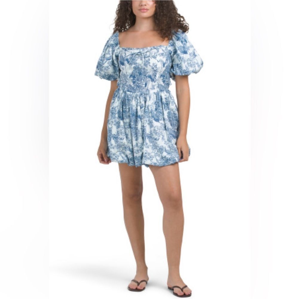 Luna Skies Blue and White Puff Sleeve Romper